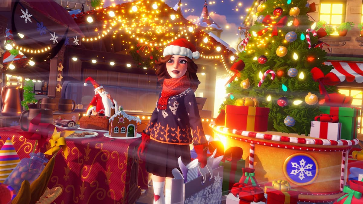 Segurando uma sacola de presentes e parado em um mercado de inverno no Disney Dreamlight Valley