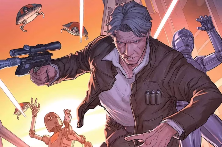 Uma imagem do quadrinho Han Solo da Marvel - Hunt for the Falcon. Apresenta um Han Solo mais velho, com cabelos grisalhos e jaqueta e camisa marrons. Ele está cercado por andróides e blasters.