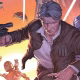 Uma imagem do quadrinho Han Solo da Marvel - Hunt for the Falcon. Apresenta um Han Solo mais velho, com cabelos grisalhos e jaqueta e camisa marrons. Ele está cercado por andróides e blasters.