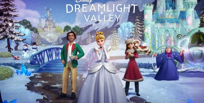 Arte de atualização do Winter Ball apresentando Cinderela em um cenário nevado no Disney Dreamlight Valley