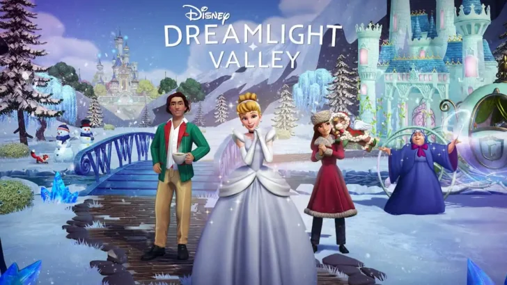 Arte de atualização do Winter Ball apresentando Cinderela em um cenário nevado no Disney Dreamlight Valley