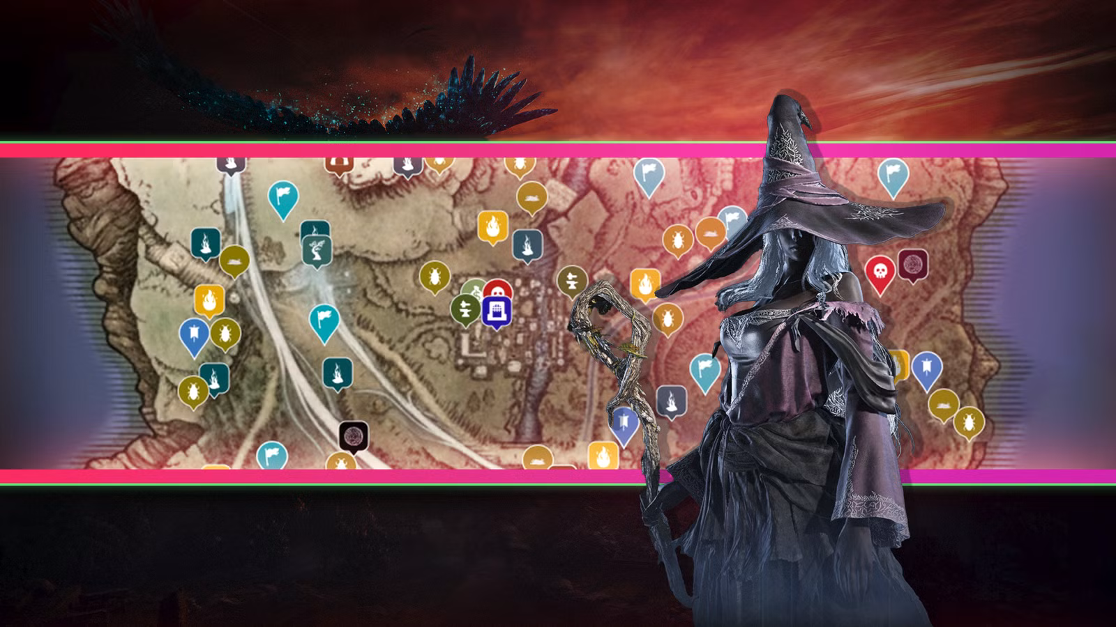 Um mapa de Limveld com um personagem de Elden Ring Nightreign com um enorme chapéu de bruxa na frente dele