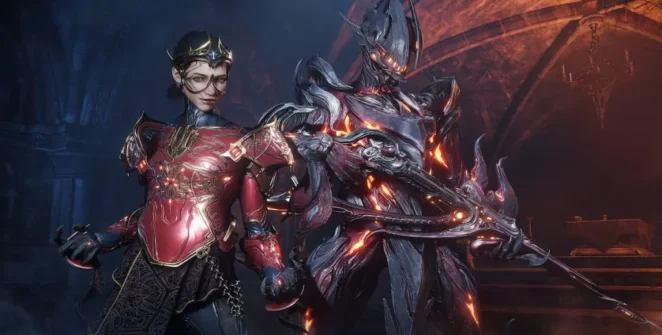Uriel carregando um Vinquibus com um Tenno ao lado dele na arte promocional do Warframe.