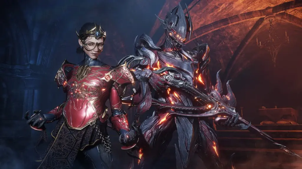 Uriel carregando um Vinquibus com um Tenno ao lado dele na arte promocional do Warframe.