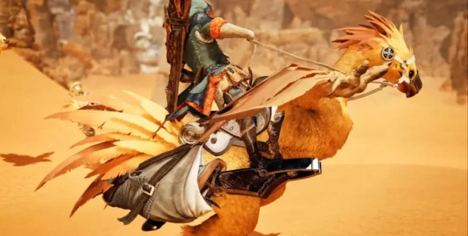 Seikret usando a skin Chocobo em Monster Hunter Wilds