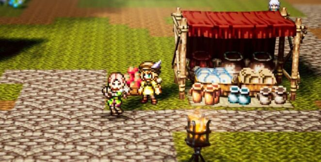 Duas personagens femininas de Octopath Traveler 0 estão em uma praça em frente a um estande de um comerciante.