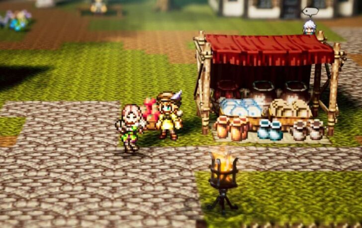 Duas personagens femininas de Octopath Traveler 0 estão em uma praça em frente a um estande de um comerciante.