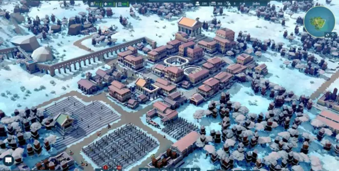 Um assentamento romano em Nova Roma coberto de neve.
