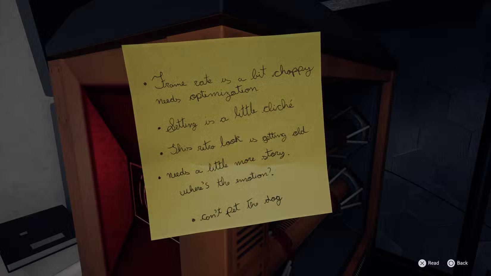 Um post-it lista as falhas dos momentos iniciais do jogo, chamando-o de "um pouco clichê."