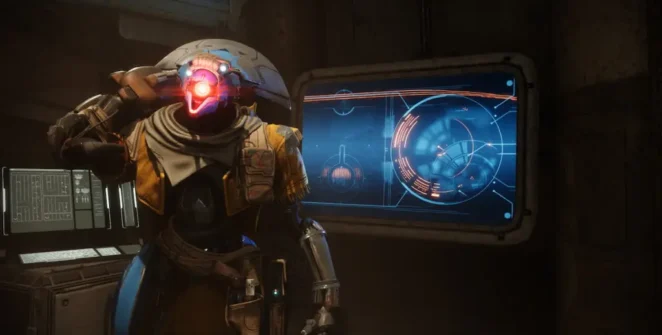 Reformancer Guzheng, um Vex azul em um sobretudo e intendente da Reforma Tharsis em Destiny 2 Renegades.