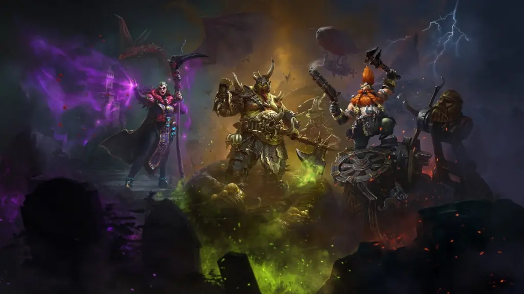 Total War Warhammer 3 Thrones of Decay arte principal, três personagens principais lado a lado