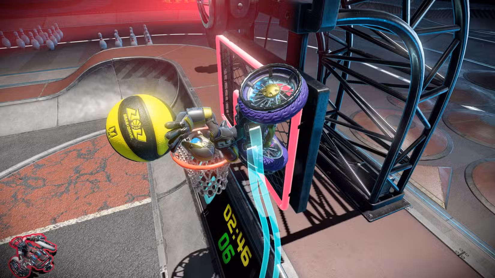 Um competidor de Drag x Drive subindo em uma tabela com uma bola nas mãos