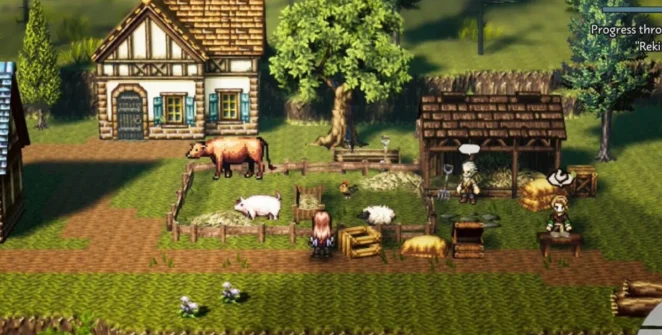 Uma captura de tela do rancho mostrando um celeiro e um pasto de animais no Octopath Traveler 0