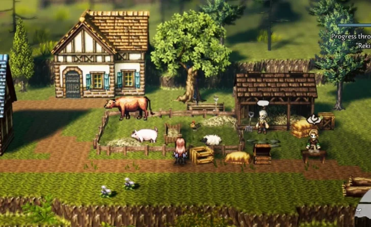 Uma captura de tela do rancho mostrando um celeiro e um pasto de animais no Octopath Traveler 0