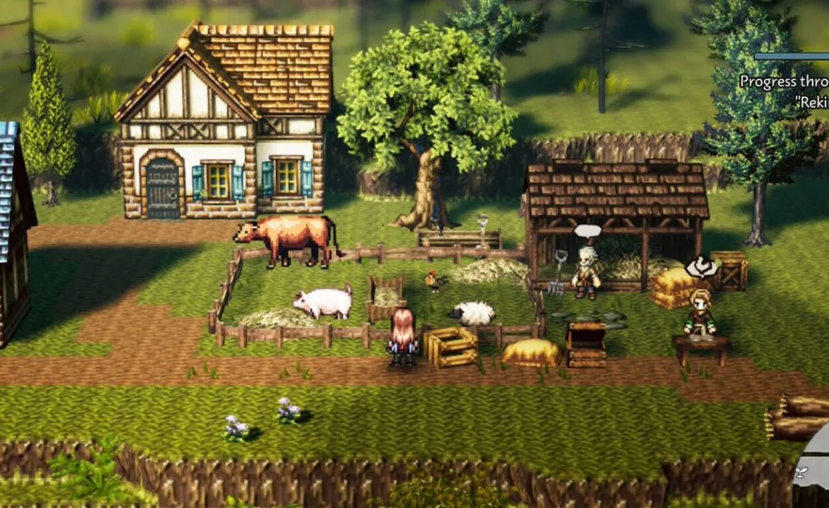 Uma captura de tela do rancho mostrando um celeiro e um pasto de animais no Octopath Traveler 0