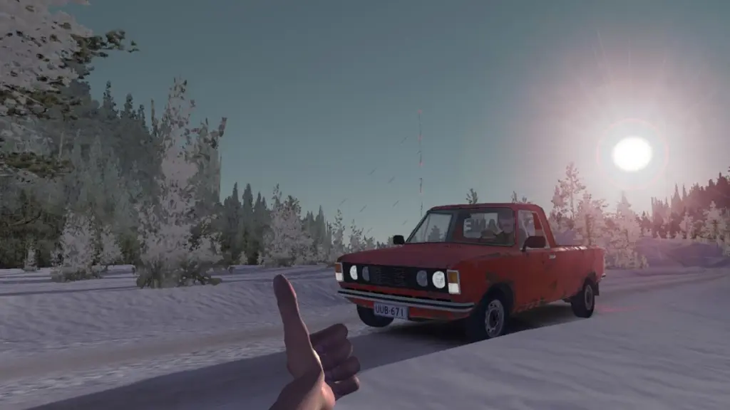 O jogador faz sinal de positivo para um motorista NPC em My Winter Car.