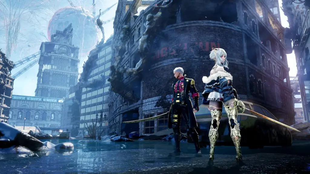 Dois personagens em uma cidade futurista em Code Vein 2.
