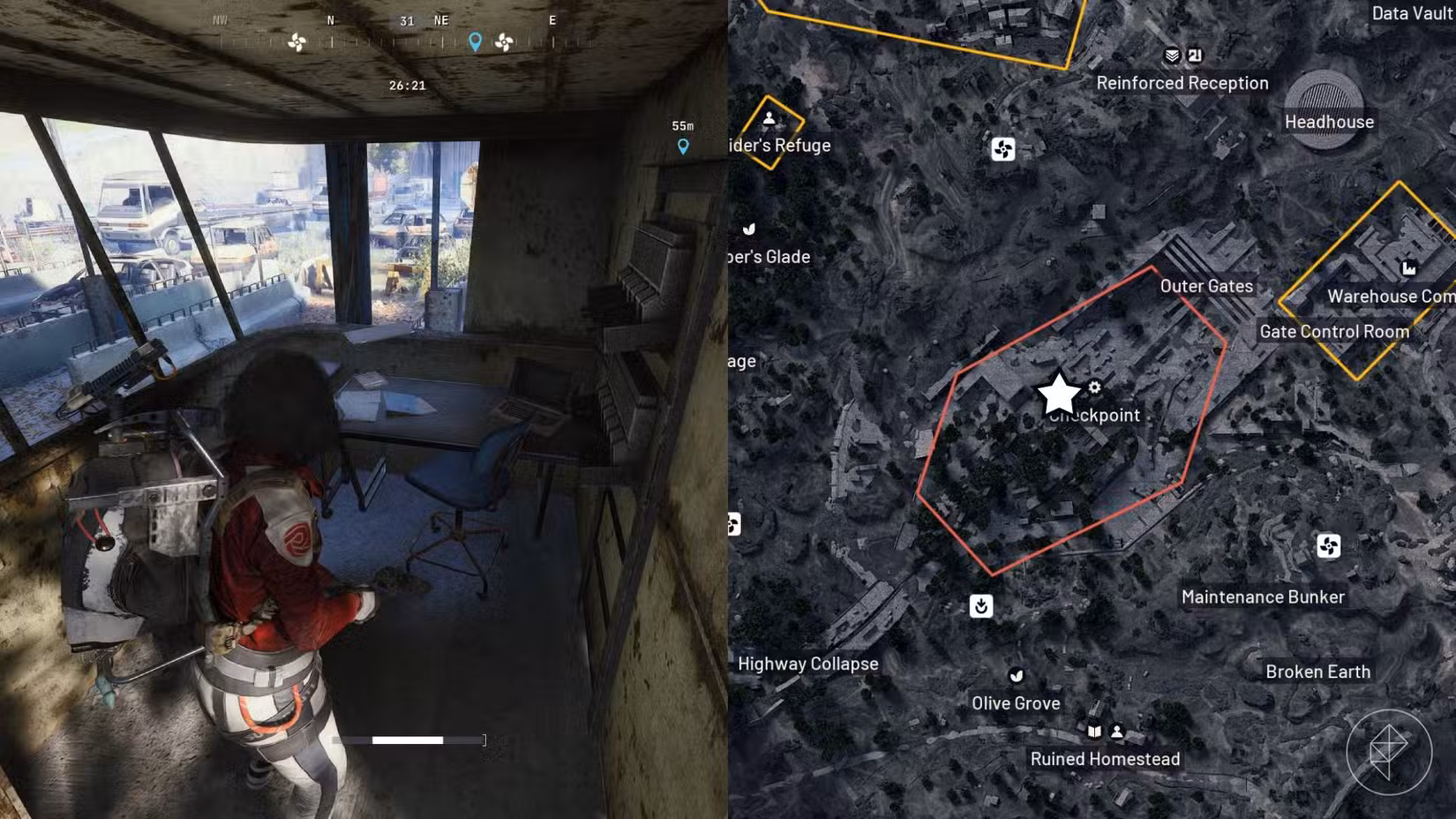 A localização da chave do carro patrulha marcada no mapa do jogo no lado direito da imagem, com o jogador parado na frente de onde a chave pode ser encontrada à esquerda.