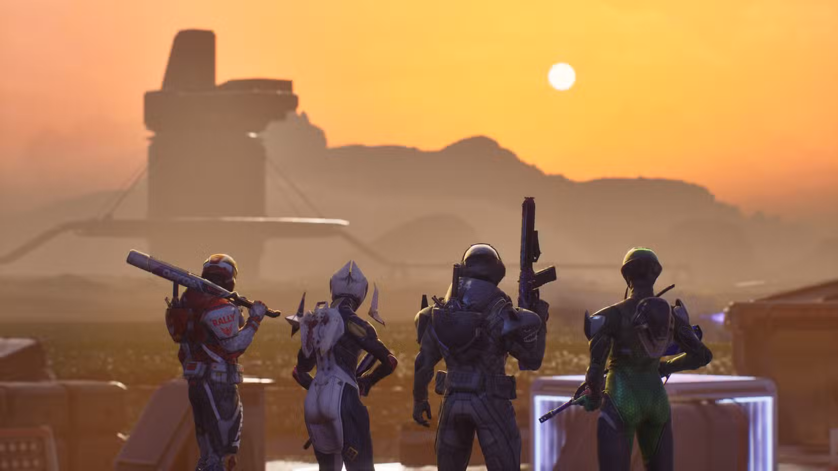 Quatro jogadores do Splitgate estão juntos em Splitgate: Arena Reloaded.