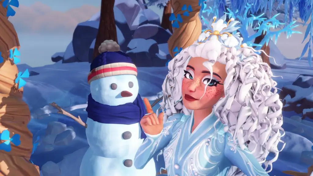 Apontando para o boneco de neve no Disney Dreamlight Valley