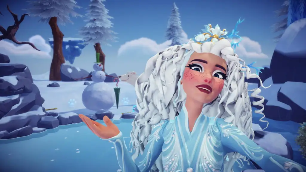 Tirando foto com um boneco de neve elegante no Disney Dreamlight Valley