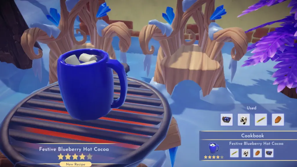 Cozinhando cacau quente com mirtilo no Disney Dreamlight Valley