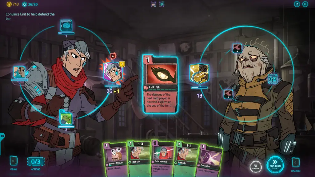 O personagem do jogador negociando com um NPC em Griftlands.