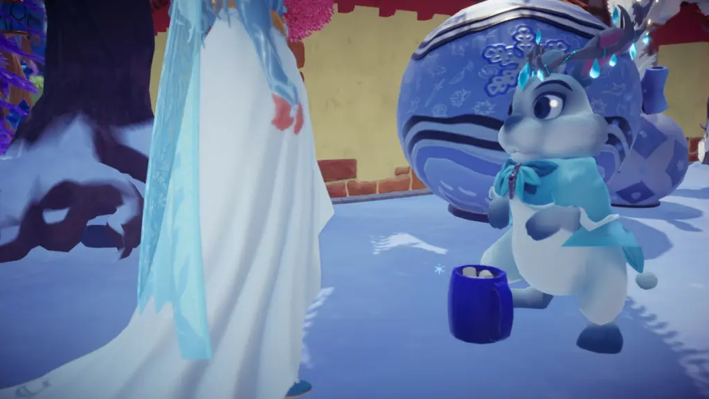 Alimentando coelho com cacau azul no Disney Dreamlight Valley
