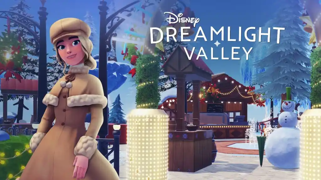 Um jogador usando um chapéu de inverno cinza e um casaco na ilha flutuante de inverno no Disney Dreamlight Valley