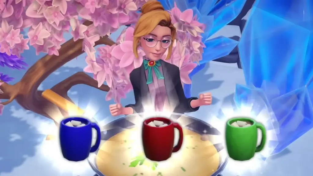 Uma caneca azul, vermelha e verde de chocolate quente na frente de um jogador no Disney Dreamlight Valley