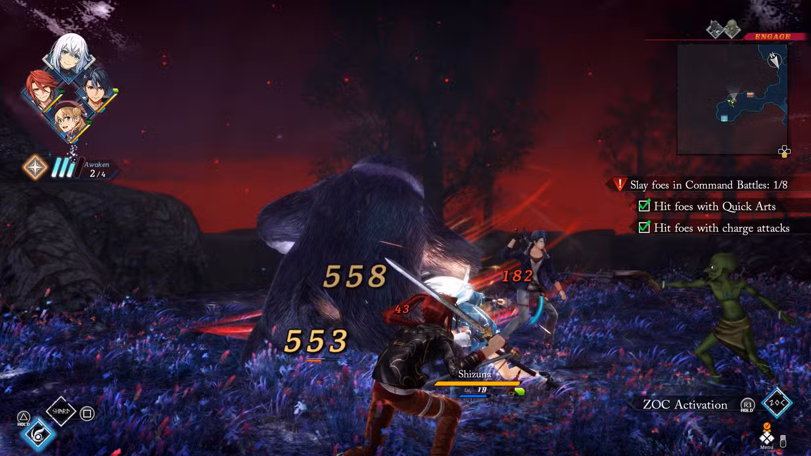 Uma captura de tela de Trails Beyond the Horizon mostrando uma batalha de campo