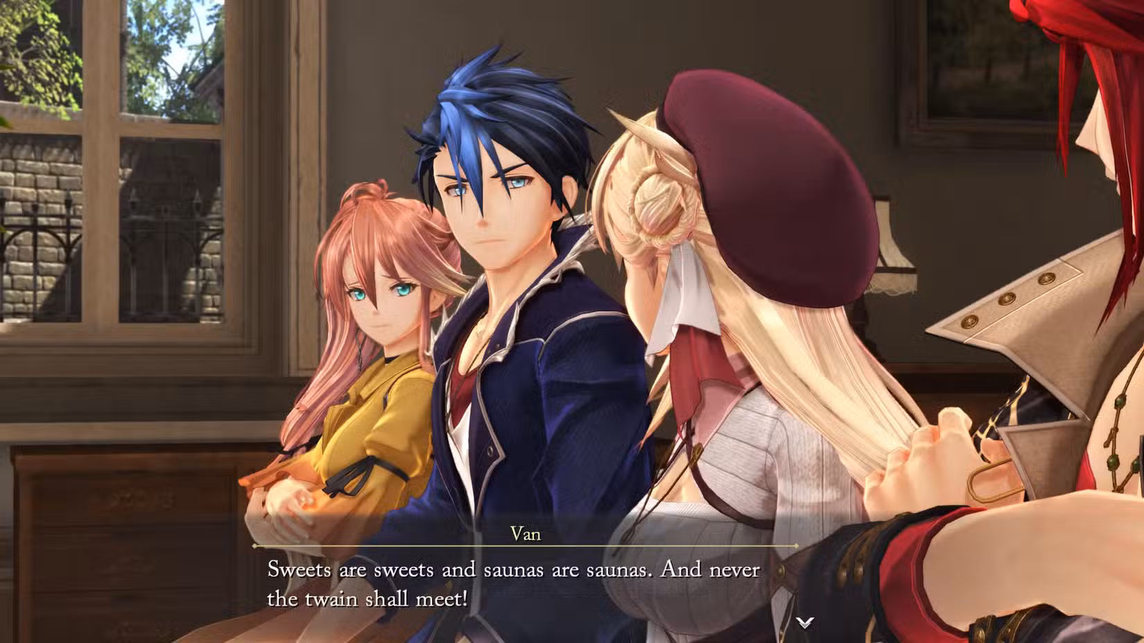 Uma captura de tela de Trails Beyond the Horizon mostrando Van Arkride dizendo "Doces são doces e saunas são saunas. E nunca os dois se encontrarão!"