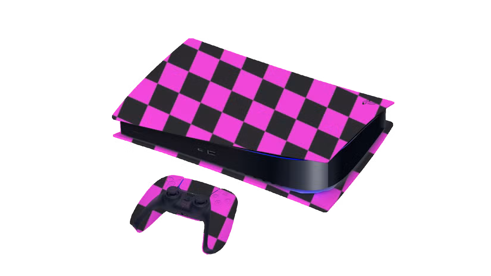 Um PS5 xadrez roxo e preto sobre um fundo branco.