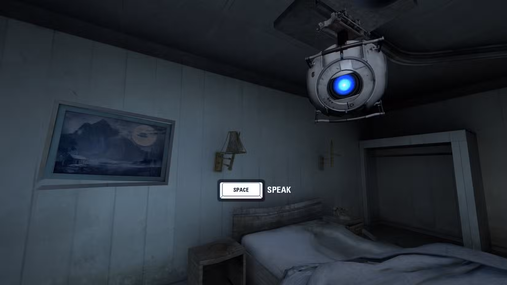 O robô Wheatley do Portal 2 encara o jogador. Um prompt na tela diz pressione espaço para falar.