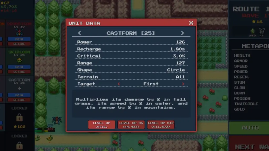 O mapa da rota 1-1 no PokePath Tower Defense.