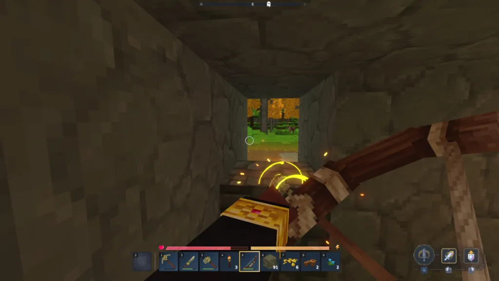 Carregando uma flecha disparada em Hytale.