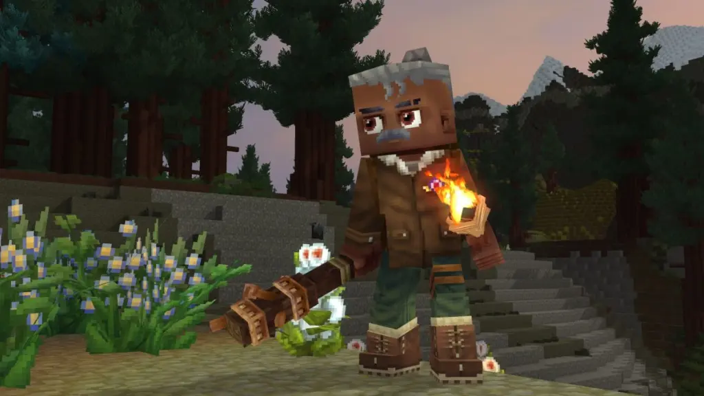 Um personagem segurando uma tocha em uma floresta em Hytale.