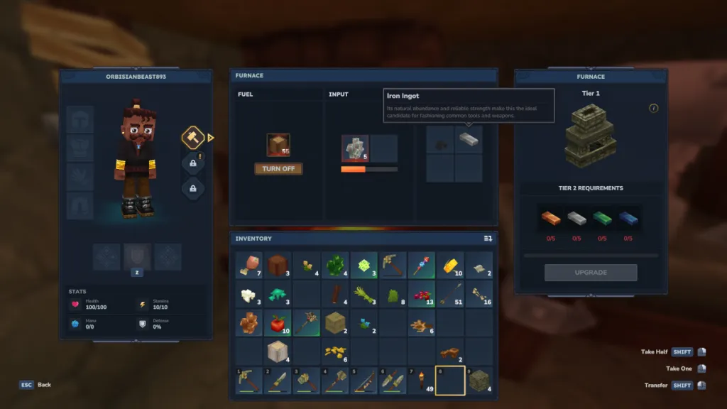 Fundição de ferro em uma fornalha em Hytale.