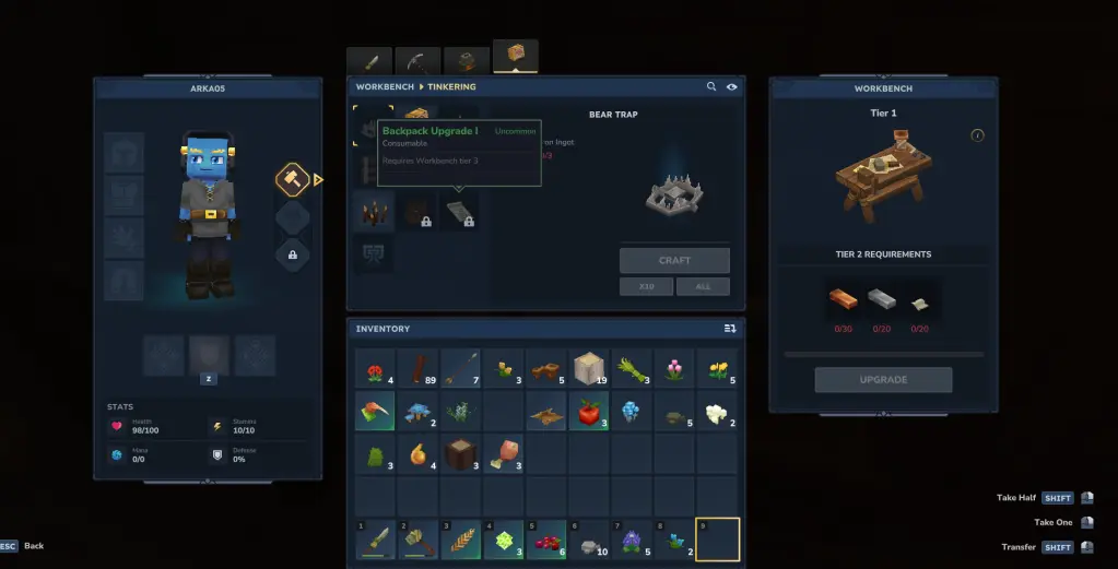 Receita de atualização de mochila em Hytale