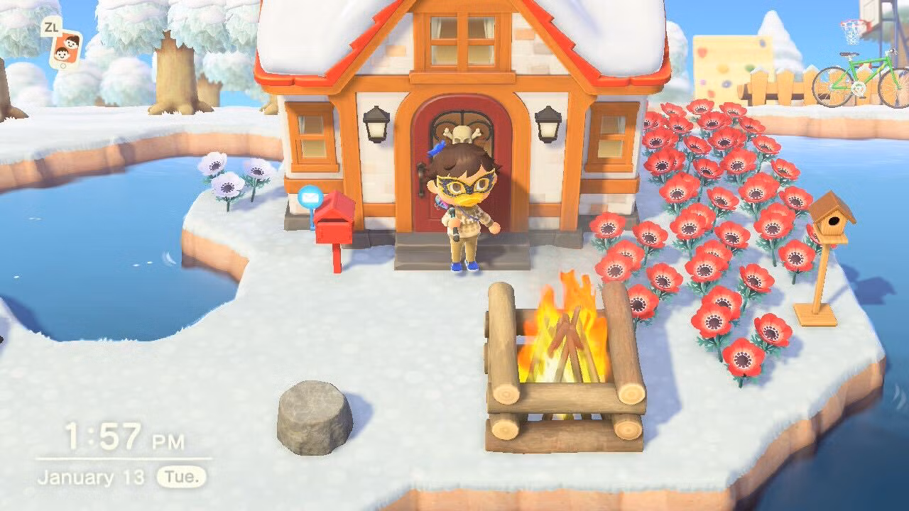 Um aldeão está do lado de fora de sua casa em Animal Crossing: New Horizons.