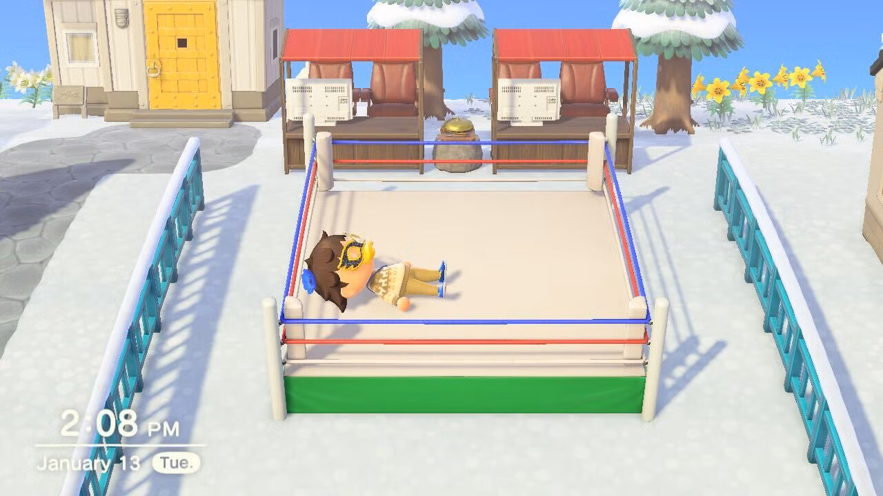 Um aldeão está em um ringue de luta livre em Animal Crossing: New Horizons.