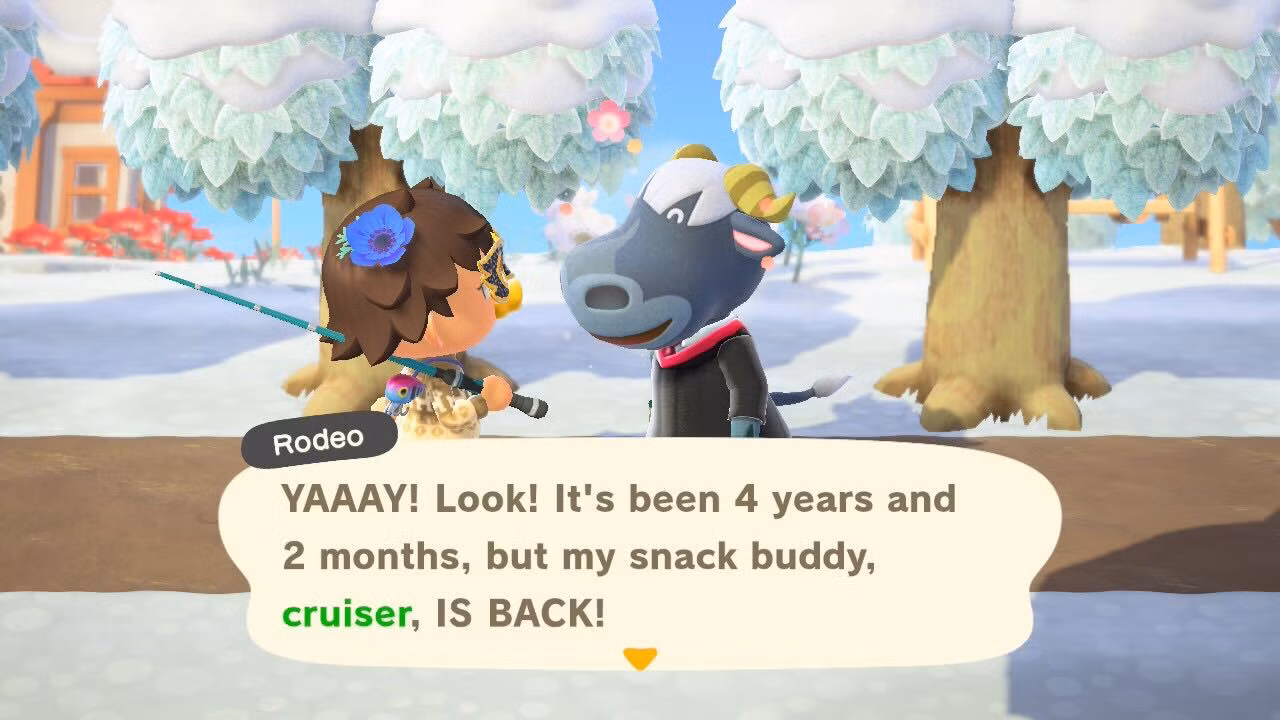 Rodeo fala com um aldeão em Animal Crossing: New Horizons.