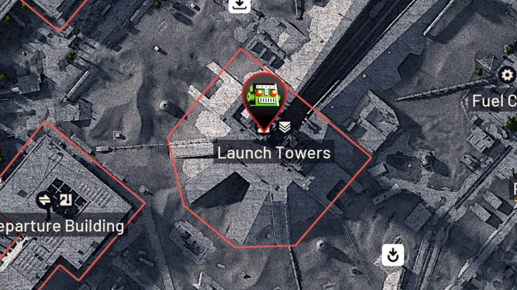 Lance Towers em uma renderização 3D do mapa Spaceport em ARC Raiders.