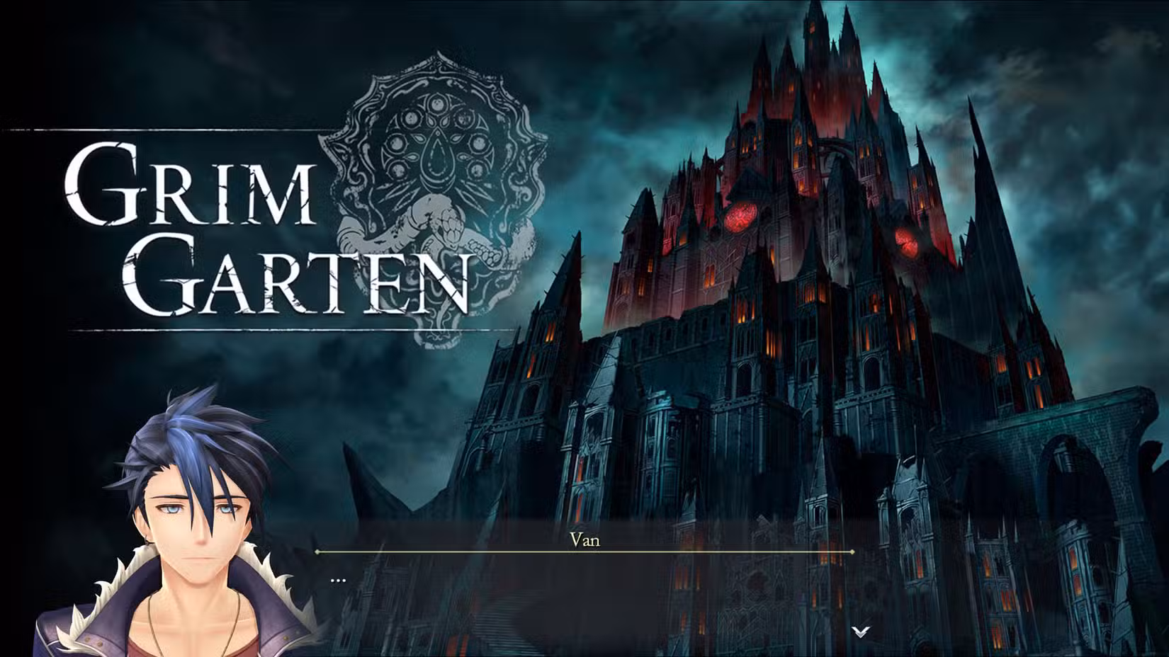 Uma captura de tela de Trails Beyond the Horizon mostrando Van e a tela do menu principal do Grim Garten atrás dele