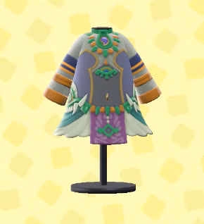 Vestido com faixas douradas e joias em ACNH