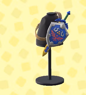 Um escudo Hylian ornamentado e uma espada mestra nas costas de um manequim em ACNH.