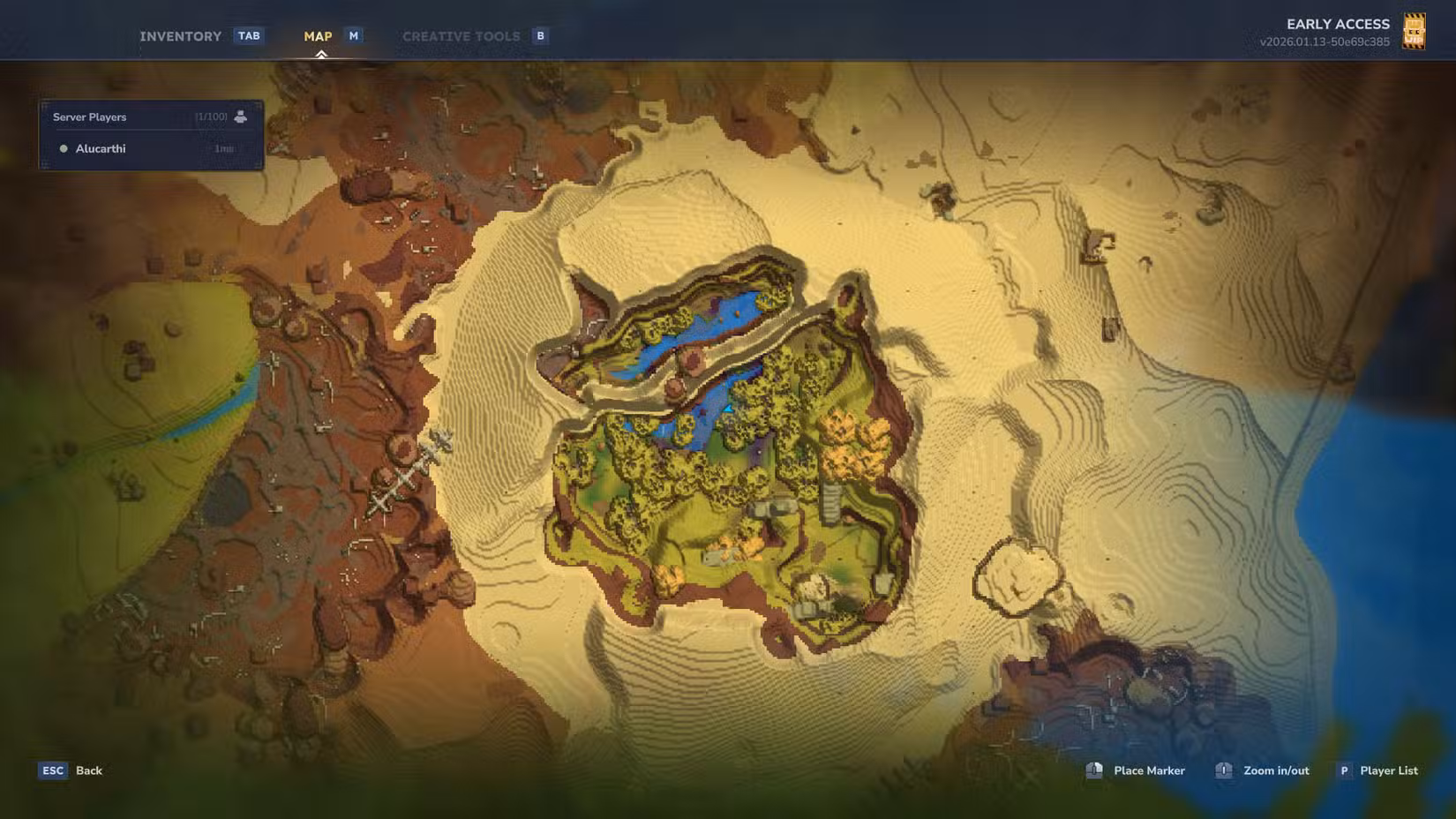 Uma captura de tela do Hytale mostrando um oásis na segunda zona do jogo