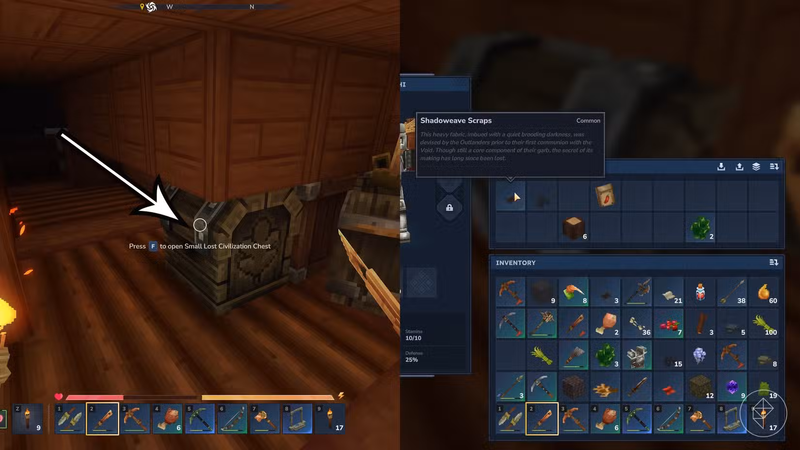 Uma montagem usando duas capturas de tela do Hytale mostrando um baú e que os jogadores podem encontrar restos de sombra dentro dele