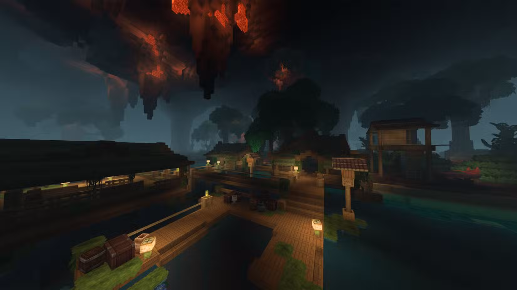 Uma vila de bambu em uma floresta subterrânea em Hytale.