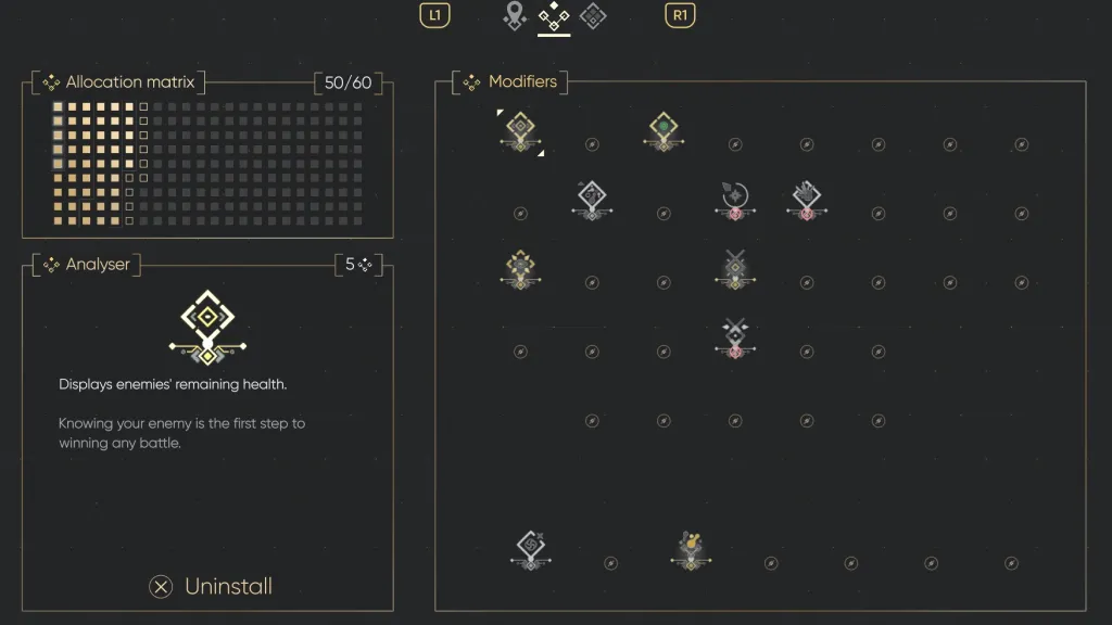Uma tela mostrando o menu modificador em Mio: Memórias em Órbita.